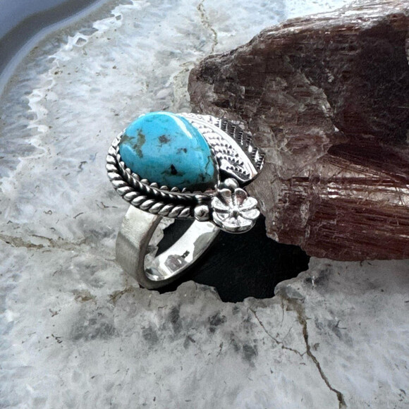 Sterling Silver Southwestern Style Teardrop Turquoise Decorated Adjustable Ring - Picture 3 of 11